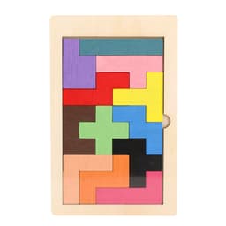 A wooden puzzle featuring various colourful geometric shapes, including red, blue, yellow, and green pieces arranged in a frame.