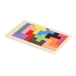 A wooden puzzle with colourful geometric pieces arranged on a light wooden board, featuring various shapes in multiple colours.