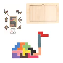 A wooden puzzle set featuring colourful, geometric pieces arranged in a snail shape, with a frame and design instructions.
