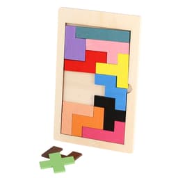 A wooden puzzle featuring colourful geometric pieces in shades of pink, blue, yellow, green, purple, and black.