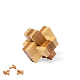 A wooden puzzle with interlocking pieces in shades of light brown and beige, featuring a logo.