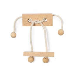 A wooden puzzle featuring a block with holes and two loops of cord, each ending with a wooden ball.