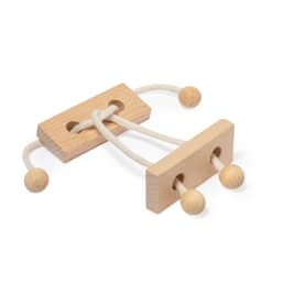 A wooden puzzle featuring two blocks connected by white cord with wooden balls on each end, showcasing a natural finish.