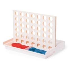 A Connect Four game set featuring a white playing grid, red and blue discs, and a tray for storage.