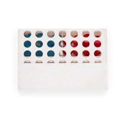 A game box containing blue and red tokens, with a white cardboard exterior and circular cutouts.
