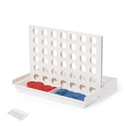 A game set featuring a vertical board and red and blue discs stored in a tray, ready for play.