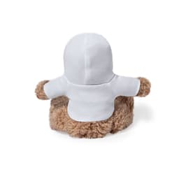 A plush toy with a soft brown body and a white hooded jacket, featuring fuzzy arms and a rounded base.
