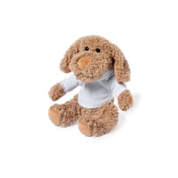 A plush toy dog with soft brown fur and a white hoodie, featuring a friendly expression and a cuddly design.