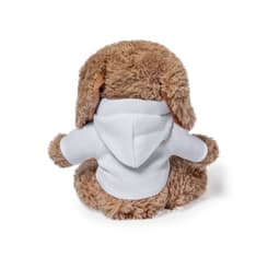 A plush toy rabbit with soft brown fur, wearing a white hoodie and facing away from the viewer. It has a branding logo.