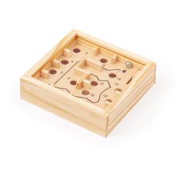 A wooden puzzle game featuring a maze with a metal ball and numbered holes, in a light wood finish.