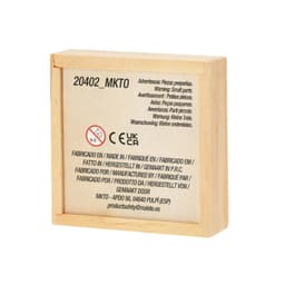 A wooden puzzle box with a plain wooden exterior, featuring a logo. The box contains small puzzle pieces inside.