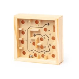 A wooden puzzle featuring a maze design with holes and wooden pegs, in a light natural colour.