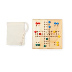 A wooden game board featuring red, yellow, and blue pegs with a dice and a drawstring bag.