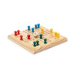 A wooden board game featuring red, blue, yellow, and green pieces, along with a white die.