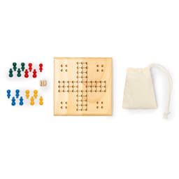 A wooden board game with a grid, colourful plastic pegs in red, yellow, green, and blue, a dice, and a cloth bag.
