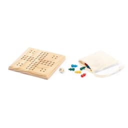 A wooden board game with a cross pattern, accompanied by a dice and colourful game pieces in a pouch.