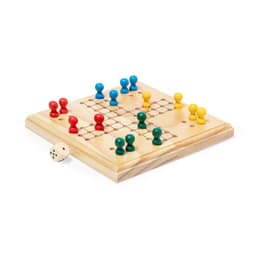 A wooden board game featuring red, green, blue, and yellow pawns, with a white die beside it.