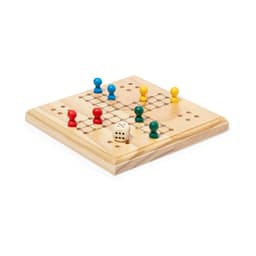 A wooden board game featuring red, yellow, blue, and green pegs, with a dice included. It has a hexagonal design.
