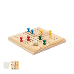 A wooden board game featuring colourful pegs in blue, green, yellow, and red, along with a die. It includes a carrying bag.