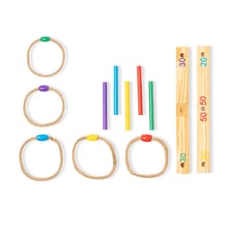 A collection of colourful rings and pegs, featuring wooden elements in yellow, green, purple, and blue.