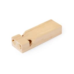 A wooden whistle in a natural finish, featuring two holes and a carved mouthpiece.
