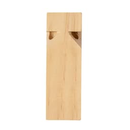 A wooden whistle with a natural finish, featuring a simple design and two openings for sound production.