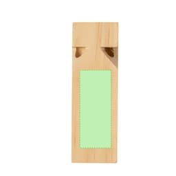 A wooden whistle with a rectangular cutout for branding, featuring a light green background.