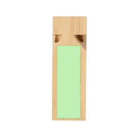 A wooden whistle featuring two sound holes, unfinished wood colour with a green area for customisation.