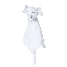 A plush toy in the shape of a white elephant with a soft, knotted blanket. It has a cute, smiling face.