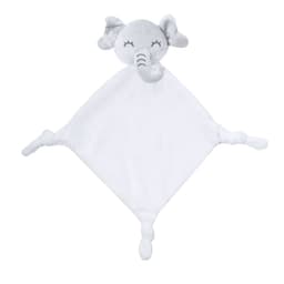 A plush comforter featuring a grey elephant head with a white diamond-shaped blanket and knotted corners.