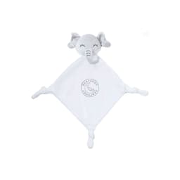 A grey plush comforter with an elephant head and a soft diamond shape, featuring four knotted corners.