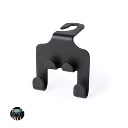 A black car phone holder with a hook and three rubber grips for stable device support. It features a logo on the front.