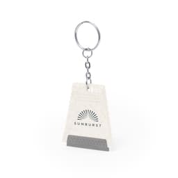 A keyring ice scraper in white with a grey scraping edge, featuring a branding logo.