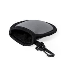 A grey pouch with a black trim and a clip. It features a soft, textured interior for storing items securely.