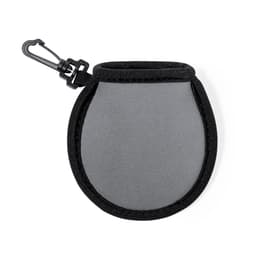 A grey pouch with a black trim and a clip, designed for carrying small items in golf or outdoor activities.