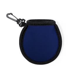 A navy blue pouch with a black trim and a clip for attachment. It features a logo on the surface.