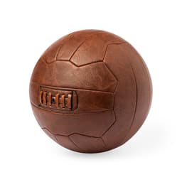 A brown leather sports ball featuring a stitched pattern and an embedded logo, suitable for leisure activities.