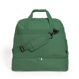 A green duffle bag featuring a shoulder strap and two handles, with a zipper compartment and a logo.