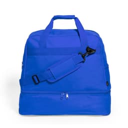 A blue duffle bag with a shoulder strap and handles, featuring zippers and an additional pocket.