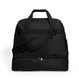 A black duffle bag with dual handles and a detachable shoulder strap, featuring a zippered compartment and a logo.