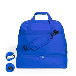 A blue duffle bag with a detachable strap, featuring a zip pocket and a side compartment for small items.