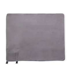 A grey picnic rug featuring a pocket and clips for easy storage. It has a smooth, plush texture.