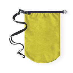 A dry bag in vibrant yellow with an adjustable black strap and a clip for secure closure.