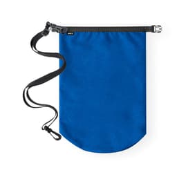 A blue dry bag with a black adjustable strap and a clip for secure closure. It features a brand logo.