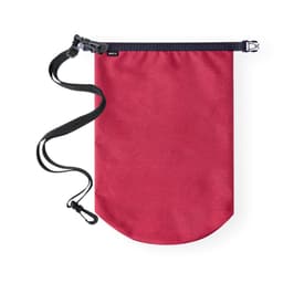 A red dry bag with a black strap and clip, featuring a logo. It has a rounded bottom with a secure closure.