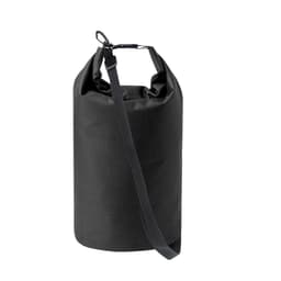 A black dry bag with a shoulder strap and a secure roll-top closure. It features a logo on the surface.
