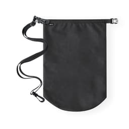 A black dry bag with a strap and closure mechanism, featuring a simple design and a branding logo.