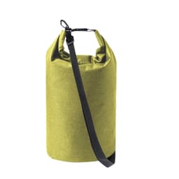A green dry bag with a shoulder strap and a secure closure. Features a clip for easy carrying.