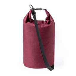 A burgundy dry bag with a strap, featuring a roll-top closure and a clip for secure transport.