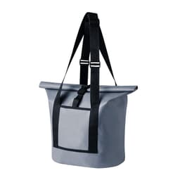 A grey dry bag with adjustable black straps and a front pocket, featuring a logo.
